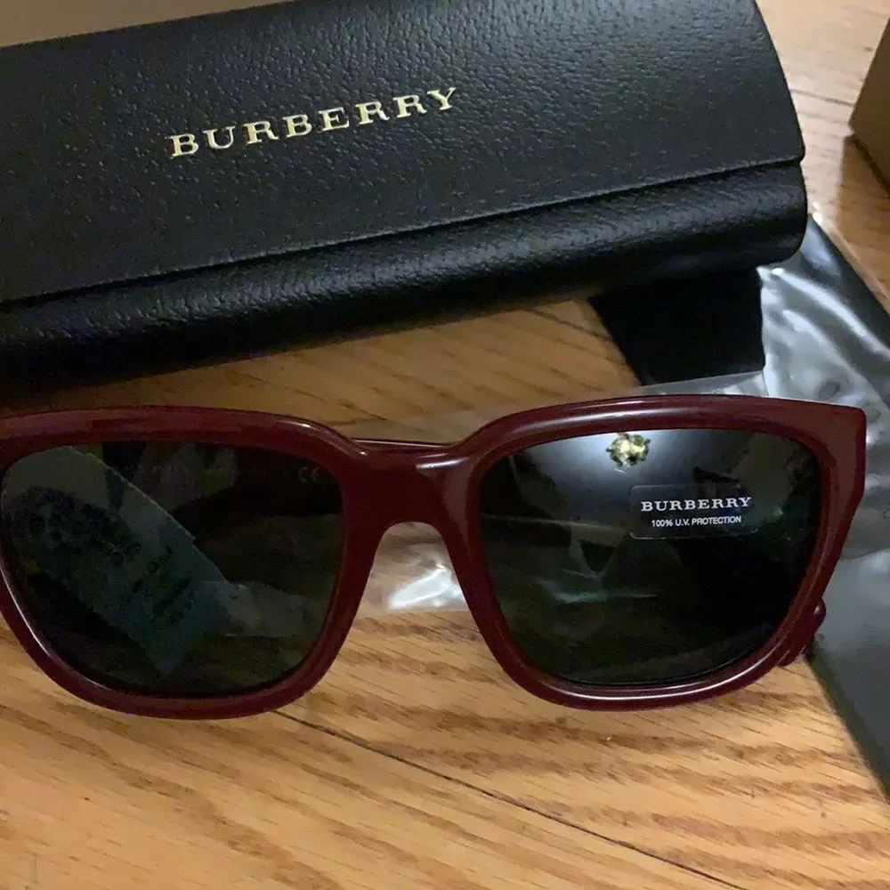 Burberry Bordeaux square sunglasses. New, with tags and case. In box.